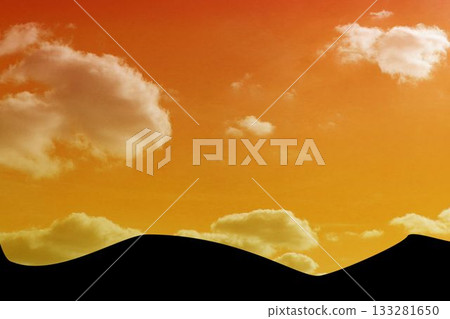 Minimalist flat style is featuring rolling dune silhouette under gradient orange sky with clouds Minimalist flat style is featuring rolling dune silhouette under gradient orange sky with clouds 133281650