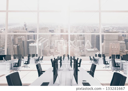 Displaying open-plan office interior in flat design, featuring white desks, black chairs, monitors Displaying open-plan office interior in flat design, featuring white desks, black chairs, monitors 133281667