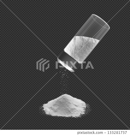 Realistic salt crystals pouring from salt shaker, powder pile, 3d vector white mineral grains fine grinding falling 133281737