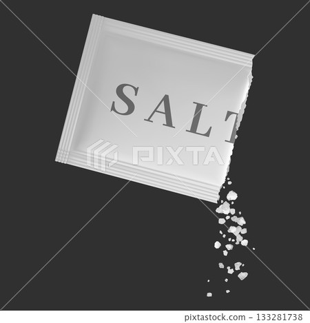 Realistic regular salt pouring from the sachet packet, 3d vector white natural salt paper package cooking ingredient 133281738