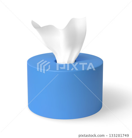 White hygiene tissue in blue round box package vector mock up, 3D realistic kitchen towel, bathroom napkins container White hygiene tissue in blue round box package vector mock up, 3D realistic kitchen towel, bathroom napkins container 133281749