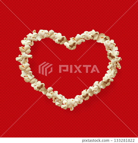 Popcorn heart on a red, isolated, transparent background, empty frame. 133281822