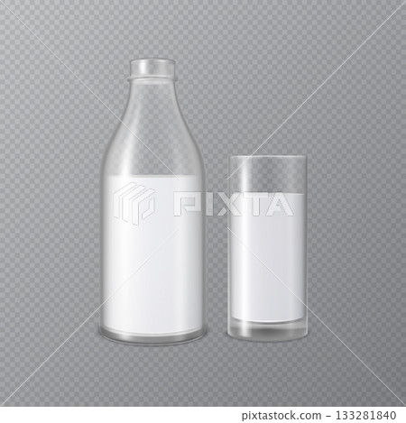 Mockup of an open glass bottle with a glass filled with milk. 133281840