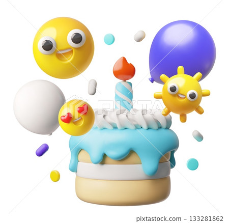 3D birthday cake with blue icing, candle, balloons, and smiley faces. 133281862