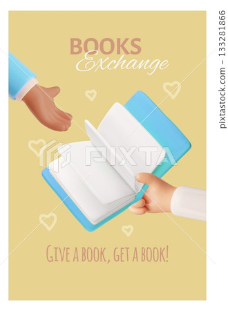 3D poster of a hand passing a book to another, literature exchange. 3D poster of a hand passing a book to another, literature exchange. 133281866