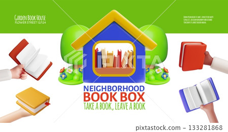 3D banner with a book house among trees and hands sharing books, literature exchange. 3D banner with a book house among trees and hands sharing books, literature exchange. 133281868