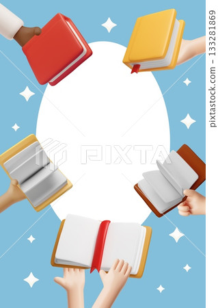 Books in hands 3D plastic style vector round frame design, cartoon opened book with white sheets and bookmark, library 133281869