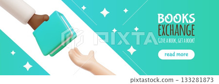Books exchange 3D vector banner design, give a book, get a book, literature in hand, encyclopedias, library or bookstore Books exchange 3D vector banner design, give a book, get a book, literature in hand, encyclopedias, library or bookstore 133281873