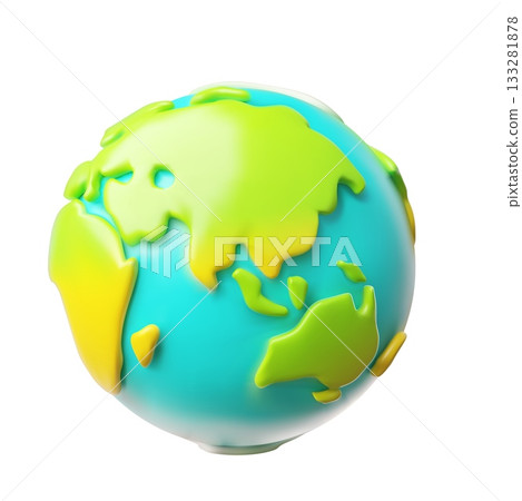 Planet Earth 3D cartoon plastic style vector icon, render world globe with continents and oceans, volume ecology symbol 133281878