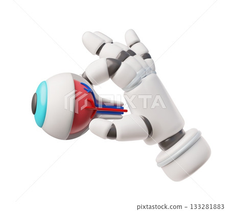 A 3D robotic hand holding a human eye, side view. Innovations of the future. 133281883