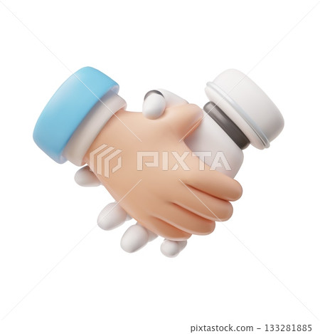 3D handshake icon of a human and a robot, artificial intelligence, fusion, partnership. 3D handshake icon of a human and a robot, artificial intelligence, fusion, partnership. 133281885