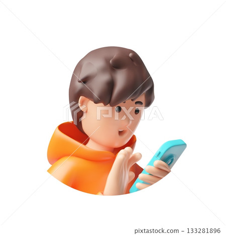 Brunette teenager boy scrolling smartphone avatar, 3D cartoon vector schoolboy character using gadget in round frame 133281896