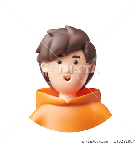 Brunette teenager boy 3D vector avatar, cartoon smiling guy character in orange hoodie, schoolboy, student, pupil Brunette teenager boy 3D vector avatar, cartoon smiling guy character in orange hoodie, schoolboy, student, pupil 133281897