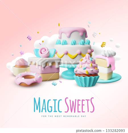 Magic sweets for the most memorable day 3D cartoon vector advertising design, festive desserts, cakes, cupcake and donut 133282093