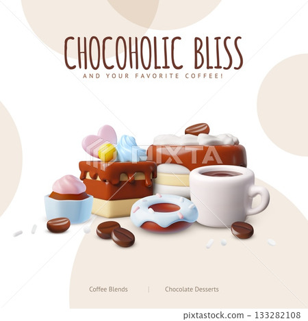 Chocoholic bliss advertising vector web, app design, coffee cup and chocolate desserts, realistic cupcake, donut cakes Chocoholic bliss advertising vector web, app design, coffee cup and chocolate desserts, realistic cupcake, donut cakes 133282108