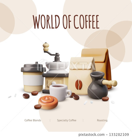 World of Coffee shop vector advertising design, 3D cartoon cup with coffee, coffee grinder, turk and bakery products World of Coffee shop vector advertising design, 3D cartoon cup with coffee, coffee grinder, turk and bakery products 133282109