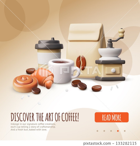 3D poster mockup with coffee beans, a coffee maker, a paper bag, coffee beans, and a mug. 133282115