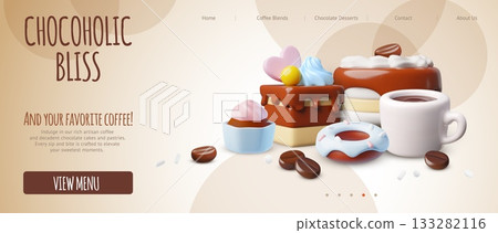 Chocoholic bliss advertising vector landing page, coffee cup and chocolate desserts, realistic cupcake, donut and cakes Chocoholic bliss advertising vector landing page, coffee cup and chocolate desserts, realistic cupcake, donut and cakes 133282116