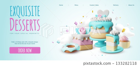 Exquisite desserts 3D cartoon plastic style vector advertising landing page design, festive custom cakes order service Exquisite desserts 3D cartoon plastic style vector advertising landing page design, festive custom cakes order service 133282118