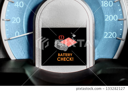 Car dashboard shows a critical Battery Check warning light 133282127