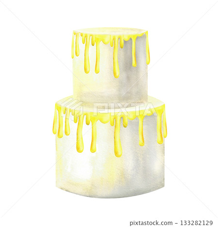 Layered cake covered with dripping yellow icing. White wedding tiered cake base with yellow cream hand drawn in watercolor. Isolated from background bakery element Illustration for dessert, pastry. 133282129