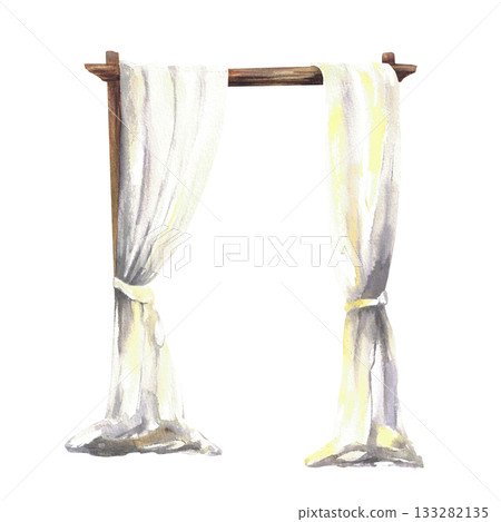 Wooden square arch with white curtain. Watercolor hand drawn wedding arch with wood texture isolated from background illustration. Elegant beige, grey yellow veil drapery for wedding event decoration Wooden square arch with white curtain. Watercolor hand drawn wedding arch with wood texture isolated from background illustration. Elegant beige, grey yellow veil drapery for wedding event decoration 133282135