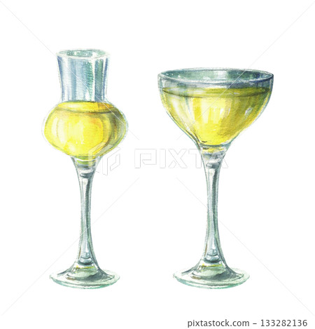 Limoncello, Italian Lemon liqueur in glass set. Shot with yellow alcoholic drink, cocktails. Watercolor hand drawn illustration. Clipart for beverage menu for bar, restaurant. Isolated from background Limoncello, Italian Lemon liqueur in glass set. Shot with yellow alcoholic drink, cocktails. Watercolor hand drawn illustration. Clipart for beverage menu for bar, restaurant. Isolated from background 133282136