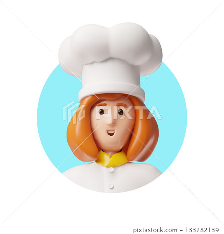 3D woman with red hair and a chef's hat, close-up, round frame with a blue background. 3D woman with red hair and a chef's hat, close-up, round frame with a blue background. 133282139
