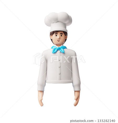 Chef cook wearing restaurant uniform with hat and apron standing, 3D vector cartoon professional kitchen staff half body 133282140