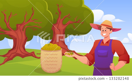Man farmer holding green olives in olive trees garden, vector agricultural plant harvesting, organic food production 133282148