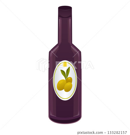 Olive oil in dark glass bottle with label with green olive fruits, olive fruit virgin farm product, vector organic food Olive oil in dark glass bottle with label with green olive fruits, olive fruit virgin farm product, vector organic food 133282157
