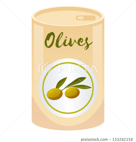A can of olives with a label. Organic ingredient. For cooking, menus. A can of olives with a label. Organic ingredient. For cooking, menus. 133282158