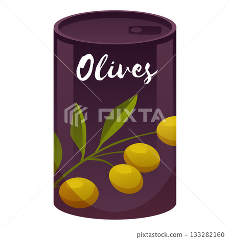 Green olives fruit in dark tin can, olive crop farm product, vector organic vegetarian food, Mediterranean ingredient Green olives fruit in dark tin can, olive crop farm product, vector organic vegetarian food, Mediterranean ingredient 133282160