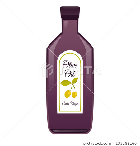 Glass bottle of olive oil with a closed lid and label. 133282166