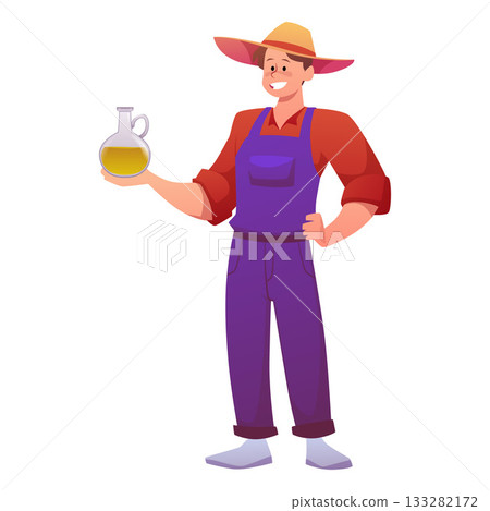 Man farmer holding glass jar with olive oil, olive fruit extra virgin farm product, vector organic cooking ingredient Man farmer holding glass jar with olive oil, olive fruit extra virgin farm product, vector organic cooking ingredient 133282172