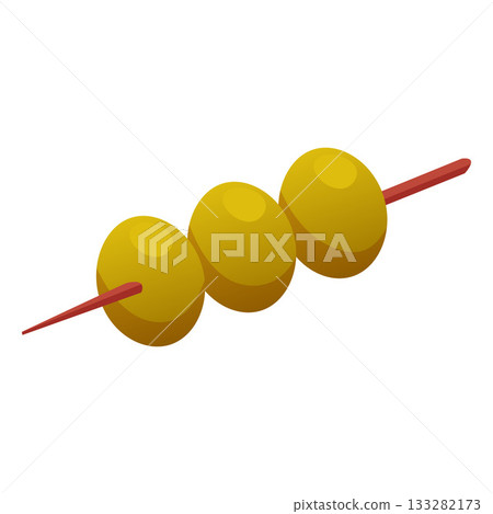 Green olives on a skewer, pickled appetizer, organic ingredient. 133282173