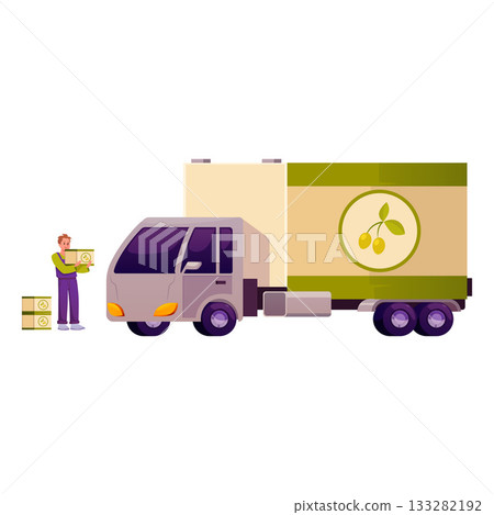 A uniformed worker loads crates of olive oil onto a truck. 133282192
