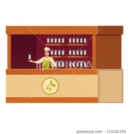 Farm stand market seller woman holding glass jar with olive oil, vector olive fruit extra virgin farm product promotion Farm stand market seller woman holding glass jar with olive oil, vector olive fruit extra virgin farm product promotion 133282193