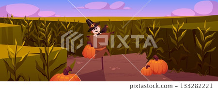 Corn field with scarecrow, pumpkins and a crow vector flat illustration, cartoon corn grows in field, rural Halloween Corn field with scarecrow, pumpkins and a crow vector flat illustration, cartoon corn grows in field, rural Halloween 133282221
