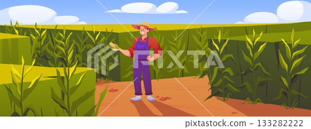 Man farmer with corn cob in hand on corn field, vector cartoon rural summer landscape, vegetable harvest, farm product 133282222