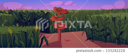 Cornfield with a blank wooden sign at a rural crossroads, pink sunset sky. Cornfield with a blank wooden sign at a rural crossroads, pink sunset sky. 133282228