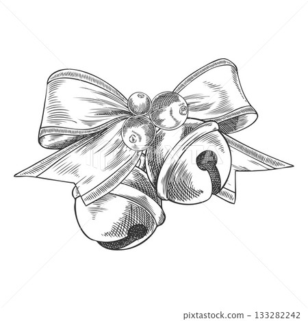 Black and white sketch of Christmas bells with a bow, vintage hand engraving style. 133282242