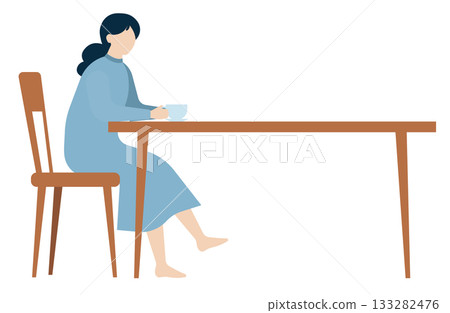 A simple illustration of a woman in a dress relaxing at a table 133282476