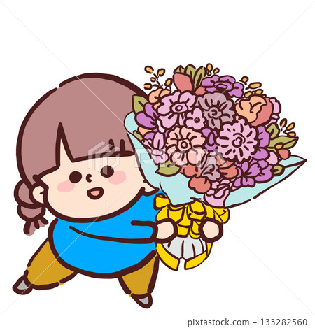 圖：一個女孩手捧一大束鮮花 133282560