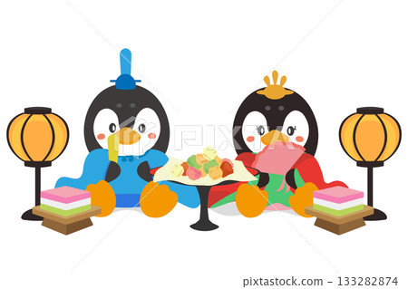 為女兒節繪製的帝企鵝、皇后企鵝和雛菊甜點插圖 133282874