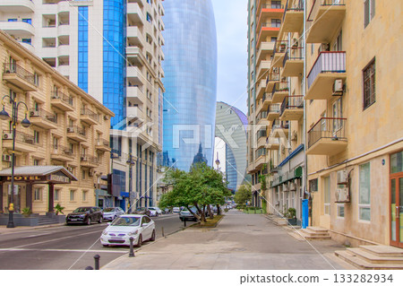Baku, Azerbaijan. Crescent Hotel and a neighboring skyscraper in Baku. 133282934