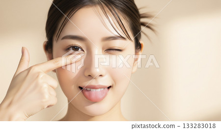 Japanese woman with clear skin sticking out tongue 133283018