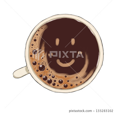 手繪微笑咖啡插圖（俯視圖，咖啡館，可愛泡沫） 133283102