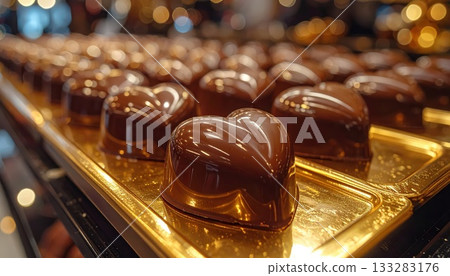 [AI image] Heart-shaped chocolates on a golden tray 133283176