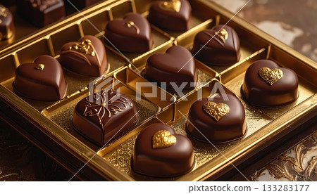 [AI image] Heart-shaped chocolates on a golden tray 133283177